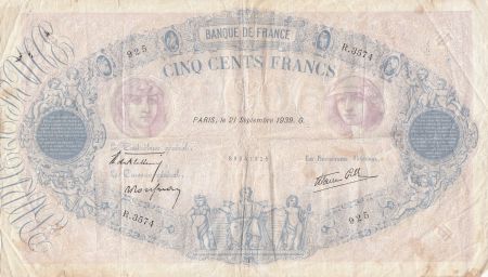 France 500 Francs Rose et Bleu modifié - 21-09-1939 - Série R.3574