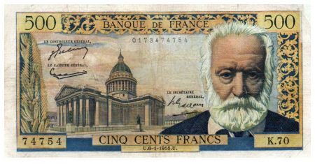 France 500 Francs Victor Hugo - 06-01-1955 - Série K.70 - TB