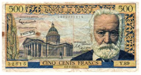 France 500 Francs Victor Hugo - 06-02-1958 - Série Y.89 - TB+