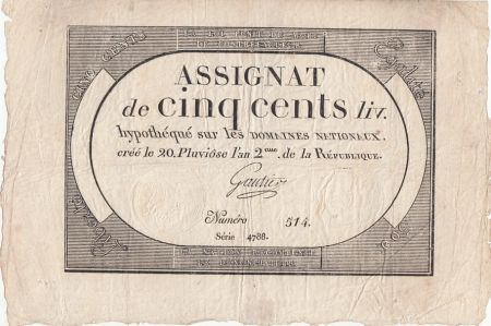 France 500 Livres - 20 Pluviose An II (8.2.1794) - TTB - Sign. Gautier