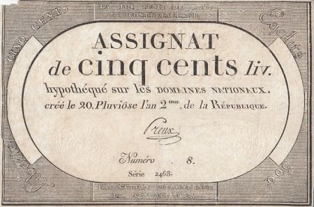 France 500 Livres - 20 Pluviôse l\'an 2eme de la République - Sign. Preux