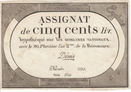 France 500 Livres 20 Pluviose An II - 8.2.1794 - Sign. Denis