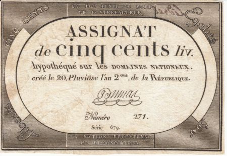 France 500 Livres 20 Pluviose An II - 8.2.1794 - Sign. Dumas