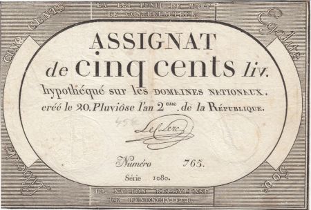 France 500 Livres 20 Pluviose An II - 8.2.1794 - Sign. Leclerc