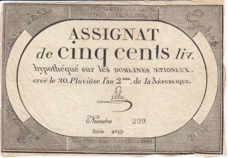 France 500 Livres 20 Pluviose An II - 8.2.1794 - Sign. Lehu