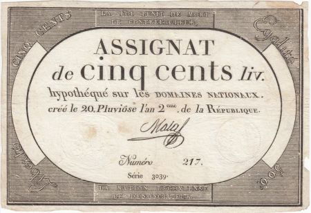 France 500 Livres 20 Pluviose An II - 8.2.1794 - Sign. Mala
