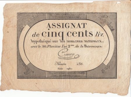 France 500 Livres 20 Pluviose An II (8.2.1794) - Sign . Crosnier