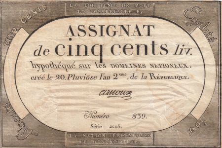 France 500 Livres 20 Pluviose An II (8.2.1794) - Sign. Arnoux