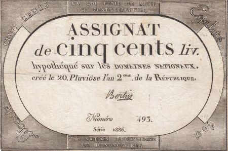 France 500 Livres 20 Pluviose An II (8.2.1794) - Sign. Bertin