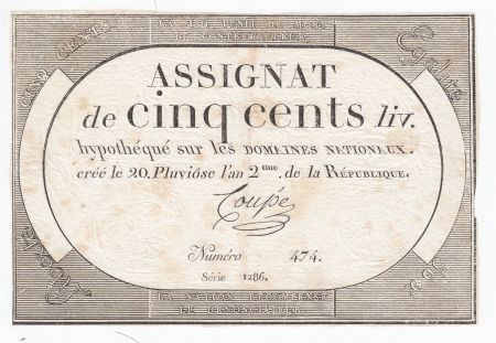 France 500 Livres 20 Pluviose An II (8.2.1794) - Sign. Coupé