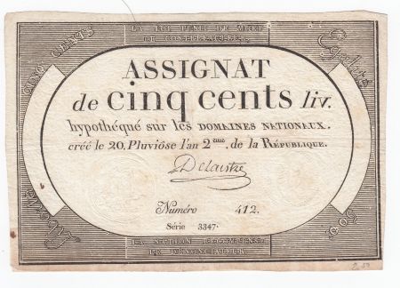 France 500 Livres 20 Pluviose An II (8.2.1794) - Sign. Delaistre