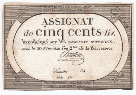 France 500 Livres 20 Pluviose An II (8.2.1794) - Sign. Doivillier