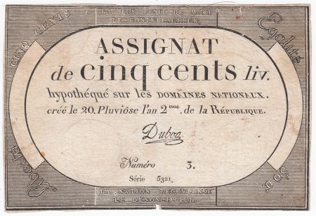 France 500 Livres 20 Pluviose An II (8.2.1794) - Sign. Duboc