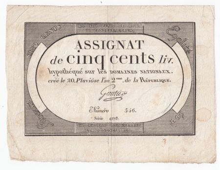 France 500 Livres 20 Pluviose An II (8.2.1794) - Sign. Gautier