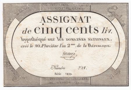 France 500 Livres 20 Pluviose An II (8.2.1794) - Sign. Maugé