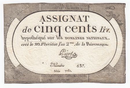 France 500 Livres 20 Pluviose An II (8.2.1794) - Sign. Picot
