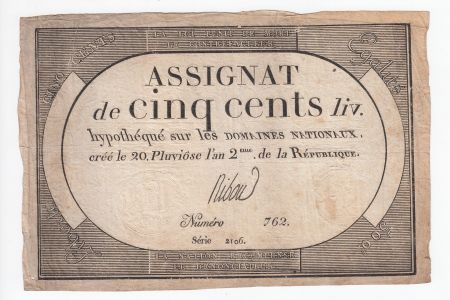 France 500 Livres 20 Pluviose An II (8.2.1794) - Sign. Ribou