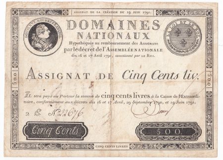 France 500 Livres Louis XVI - 19-06-1791 - Sign. Desrez - TTB