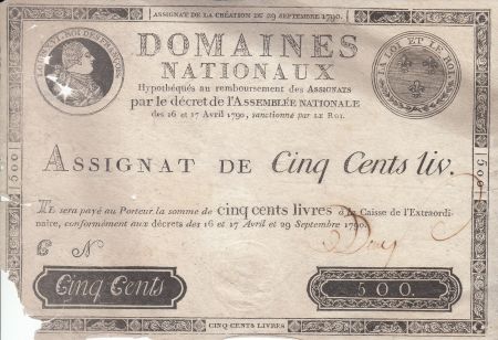 France 500 Livres Louis XVI - 29 Sept. 1790 - Série B
