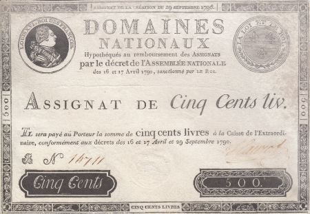 France 500 Livres Louis XVI - 29 Sept. 1790 - Série B Sign. Haurat