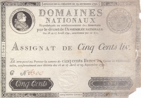 France 500 Livres Louis XVI - 29 Sept. 1790 - Série C Nº 6300