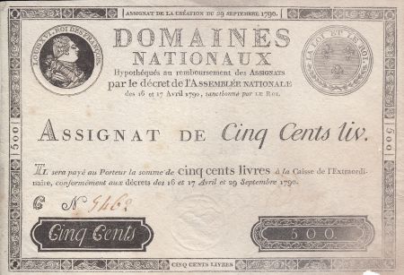 France 500 Livres Louis XVI - 29 Sept. 1790 - Série C Nº 9462