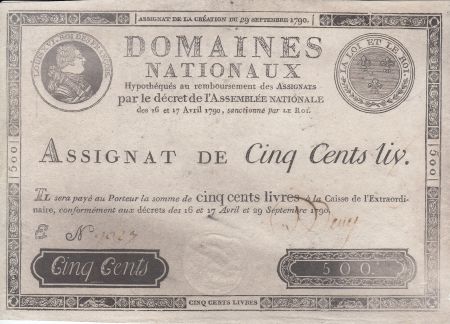 France 500 Livres Louis XVI - 29 Sept. 1790 - Série E Nº 9027