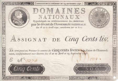 France 500 Livres Louis XVI - 29 Sept. 1790 - Série E Nº 9374