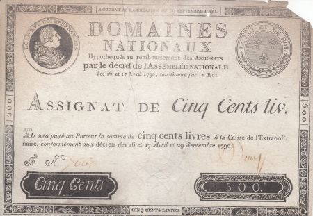 France 500 Livres Louis XVI - 29 Sept. 1790 - Série F Nº 7663