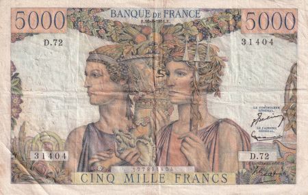 France 5000 Francs - Terre et Mer - 16-08-1951 - Série D.72 - TB+ - F.48.05