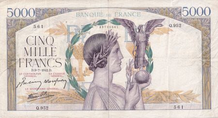 France 5000 Francs - Victoire - 09-07-1942 - Série Q.952 - F.46.38
