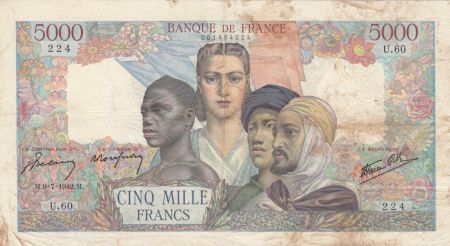 France 5000 Francs Empire Français - 09-07-1942 Série U.60-224 - TB