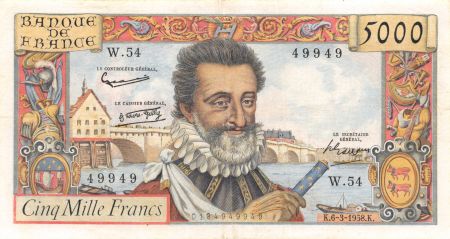 France 5000 Francs Henri IV - 06-03-1958 - Série W.54 - TB+