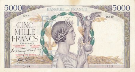 France 5000 Francs Victoire - 19-12-1940 Série D.449-925 - TTB