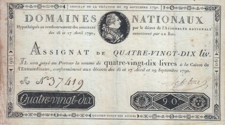 France 90 Livres - 29 Septembre -1790 - Sign. LEFEBVRE - A N°37419