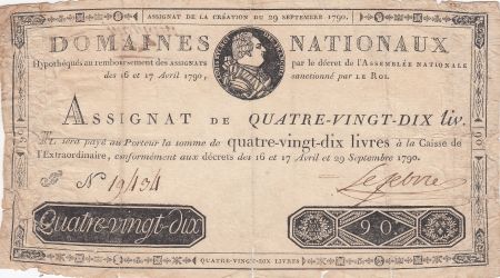 France 90 Livres Louis XVI - 29-09-1790 Série F - Sign. Lefebvre - PTB