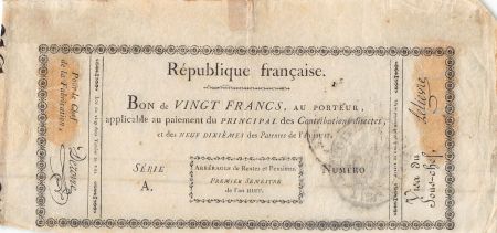 France ARRERAGES DE RENTES - 20 FRANCS - SERIE A, AN 8 - 1799/1800