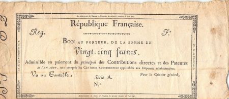 France ARRERAGES DE RENTES - 25 FRANCS - SERIE A, AN 7 - 1798/1799