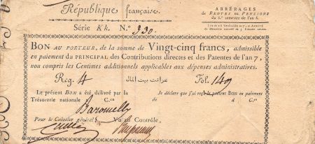France ARRERAGES DE RENTES - 25 FRANCS - SERIE KK, AN 7 - 1798/1799