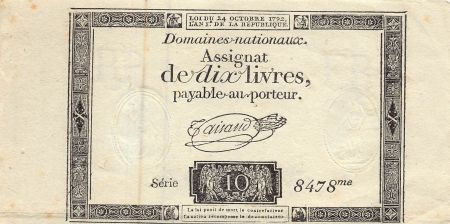 France ASSIGNAT - 10 LIVRES - LOI DU 24 octobre 1792 - SIGNATURE TAISAUD