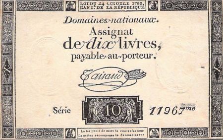 France ASSIGNAT - 10 LIVRES 24/10/1792 - FILIGRANE REPUBLICAIN