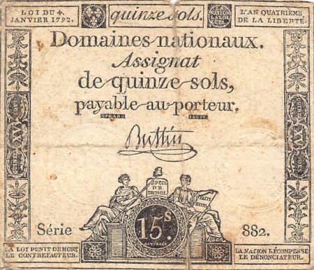 France ASSIGNAT - 15 SOLS - LOI DU 04 JANVIER 1792, FILIGRANE LA NATION