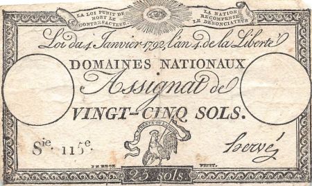 France ASSIGNAT - 25 SOLS - LOI DU 04 JANVIER 1792