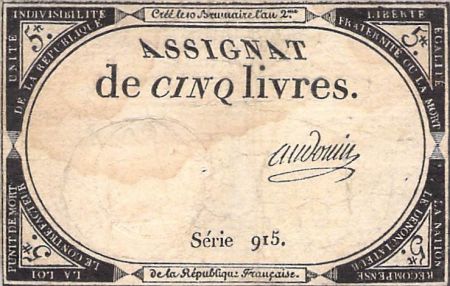 France ASSIGNAT - 5 LIVRES - LOI DU 10 BRUMAIRE AN 2 (31 OCTOBRE 1793)