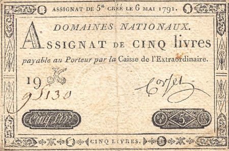 France ASSIGNAT - 5 LIVRES 06/05/1791 - TIMBRE SEC LOUIS XVI - TTB