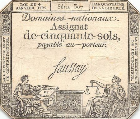 France ASSIGNAT - 50 SOLS - LOI DU 04 JANVIER 1792, FILIGRANE LA NATION