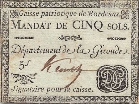 France ASSIGNAT  CAISSE PATRIOTIQUE DE BORDEAUX - MANDAT DE 5 SOLS 1790 / 1793 - TTB+