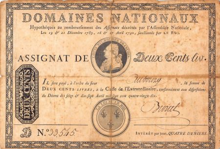 France ASSIGNAT  LOUIS XVI - 200 LIVRES - DECRETS 1789 / 1790 - SÉRIE D - SIGN. BURTEL