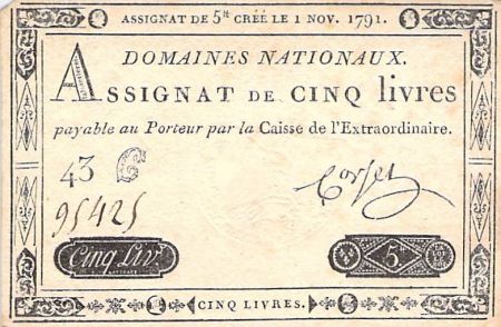 France ASSIGNAT  LOUIS XVI - 5 LIVRES - 01/11/1791 - SÉRIE 43 C