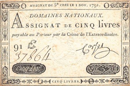 France ASSIGNAT, LOUIS XVI - 5 LIVRES 01/11/1791 - SERIE E